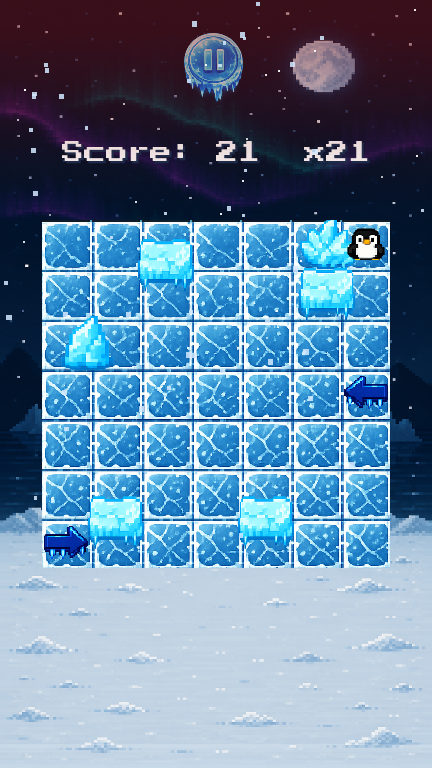 Wave 100: seven ice chunks and two more incoming, the penguin cornered